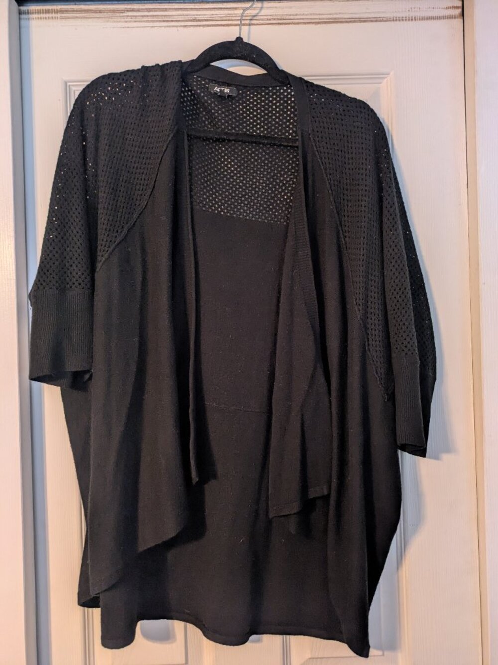 1X - Black Open Front Cardigan Mesh Yoke Kimono Sleeve